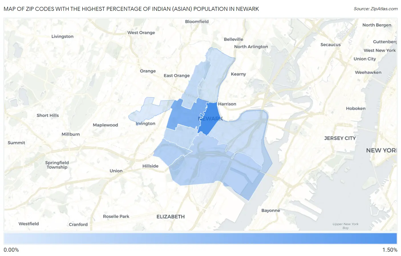 Zip Codes with the Highest Percentage of Indian (Asian) Population in Newark Map