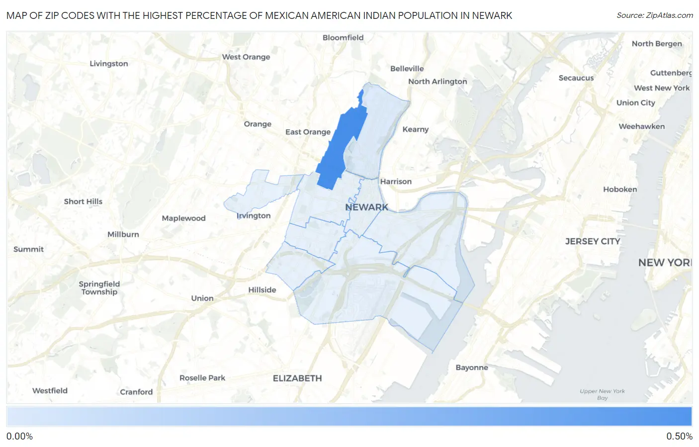Zip Codes with the Highest Percentage of Mexican American Indian Population in Newark Map