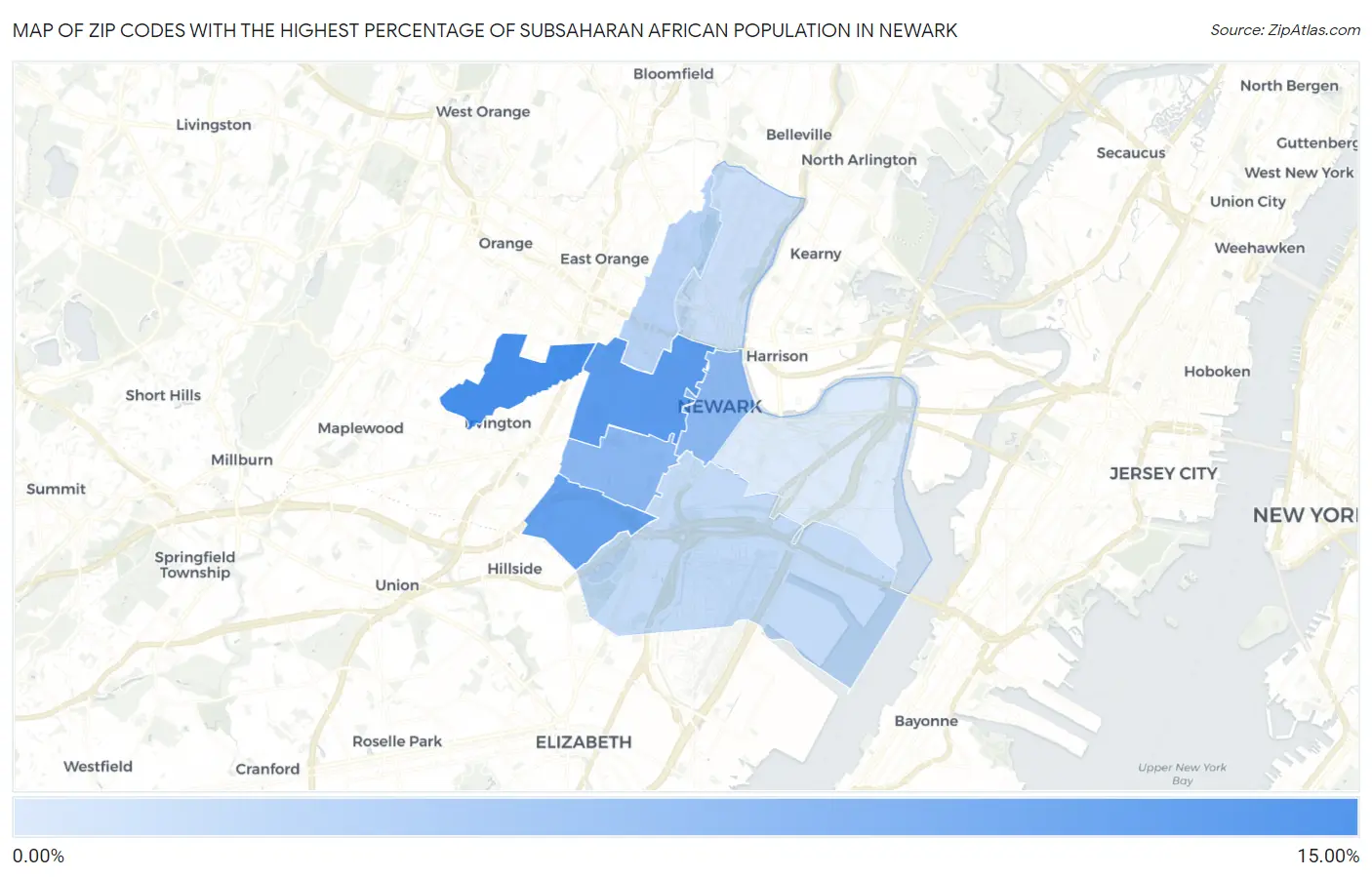 Zip Codes with the Highest Percentage of Subsaharan African Population in Newark Map