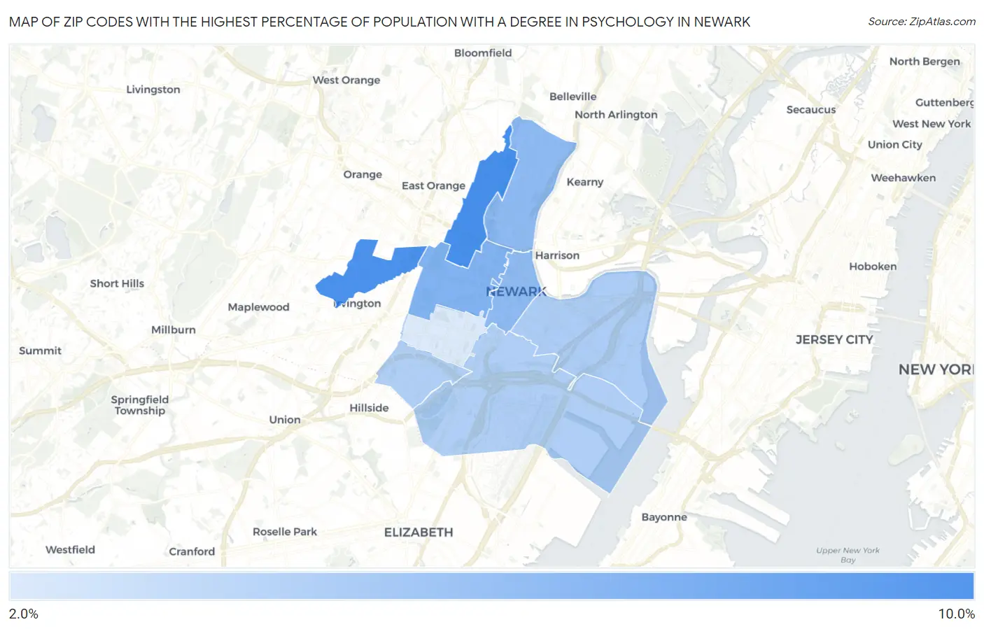 Zip Codes with the Highest Percentage of Population with a Degree in Psychology in Newark Map