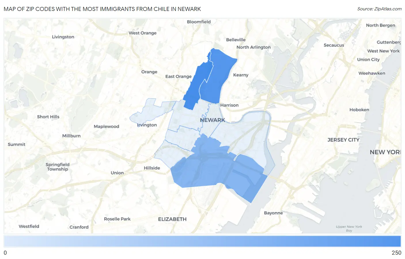 Zip Codes with the Most Immigrants from Chile in Newark Map