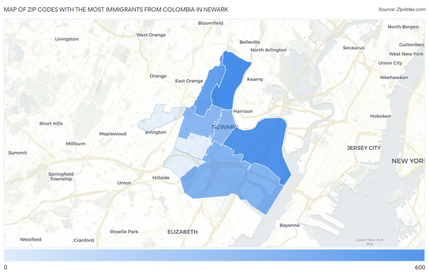 Zip Codes with the Most Immigrants from Colombia in Newark Map