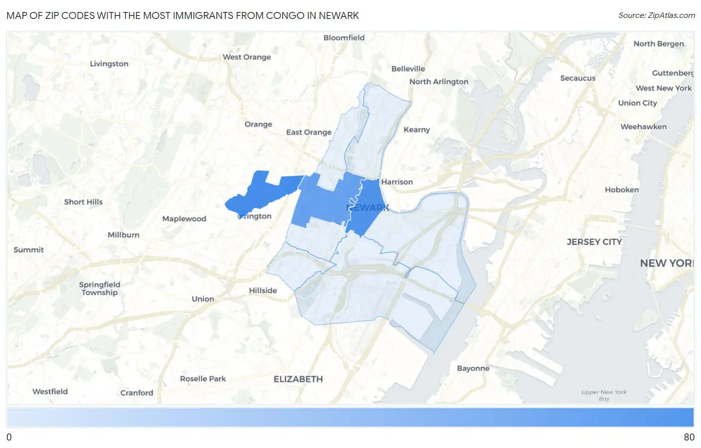 Zip Codes with the Most Immigrants from Congo in Newark Map