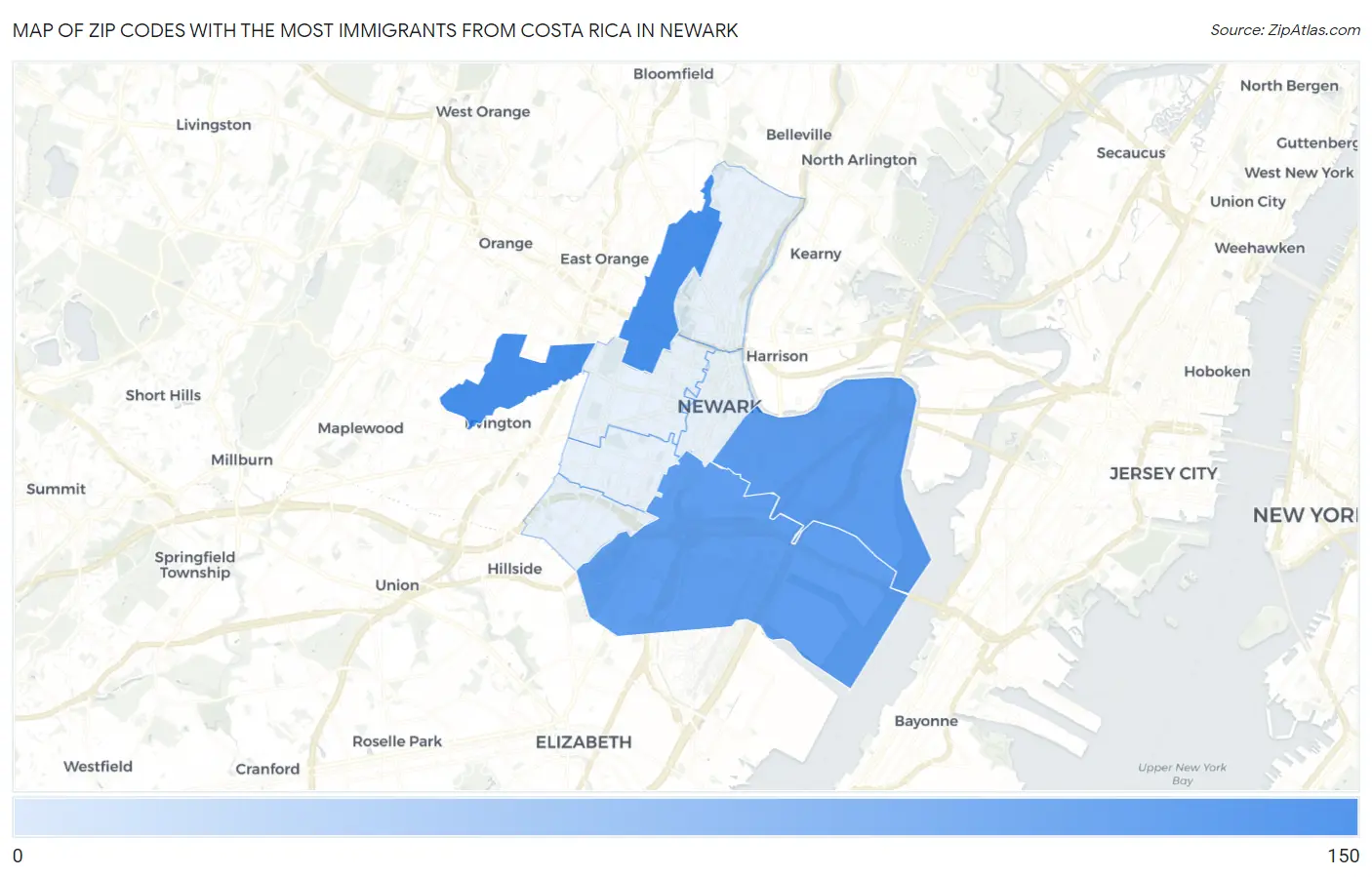Zip Codes with the Most Immigrants from Costa Rica in Newark Map
