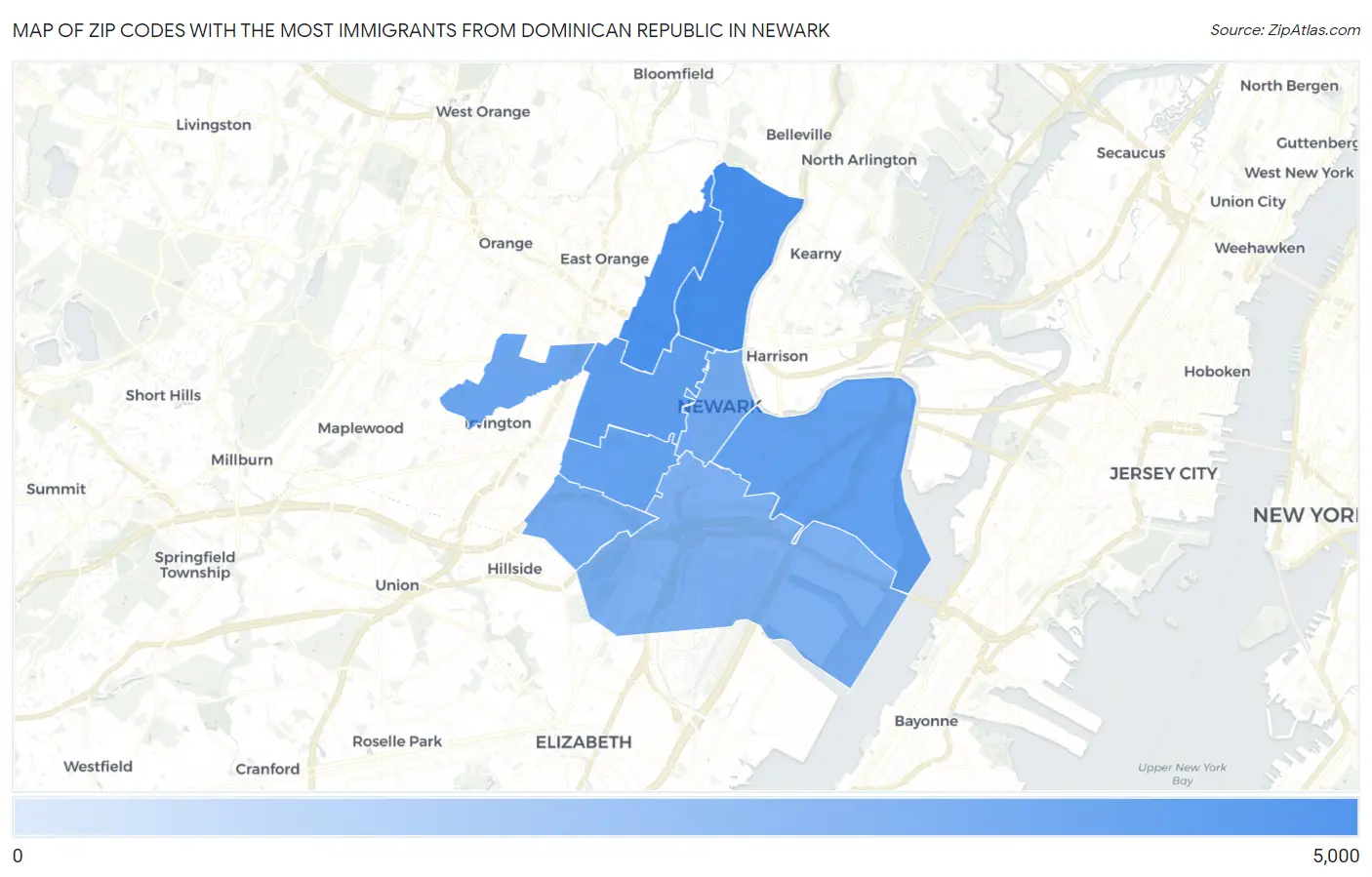 Zip Codes with the Most Immigrants from Dominican Republic in Newark Map