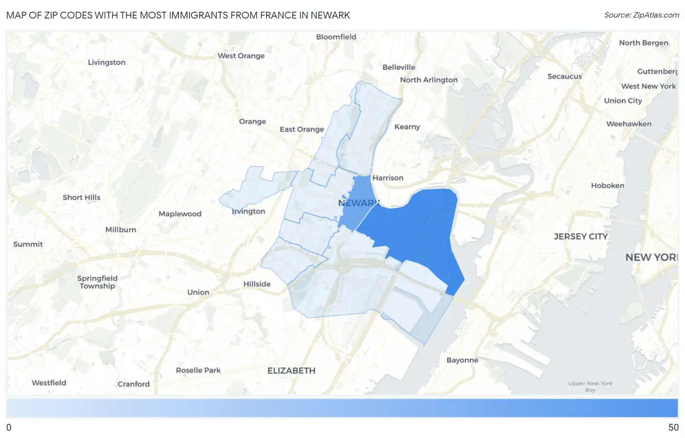 Zip Codes with the Most Immigrants from France in Newark Map
