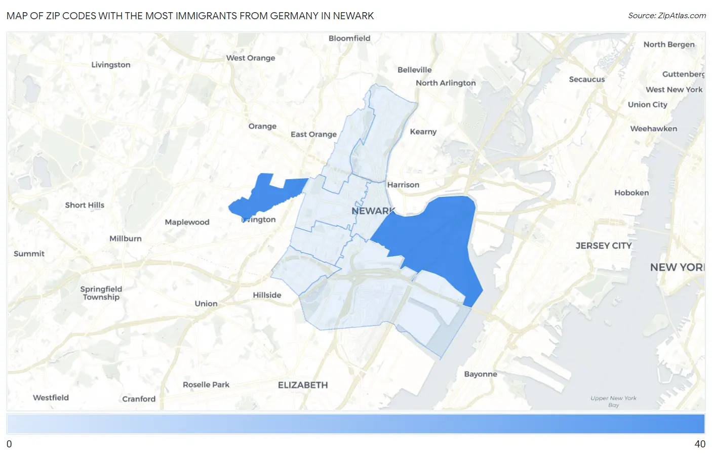 Zip Codes with the Most Immigrants from Germany in Newark Map