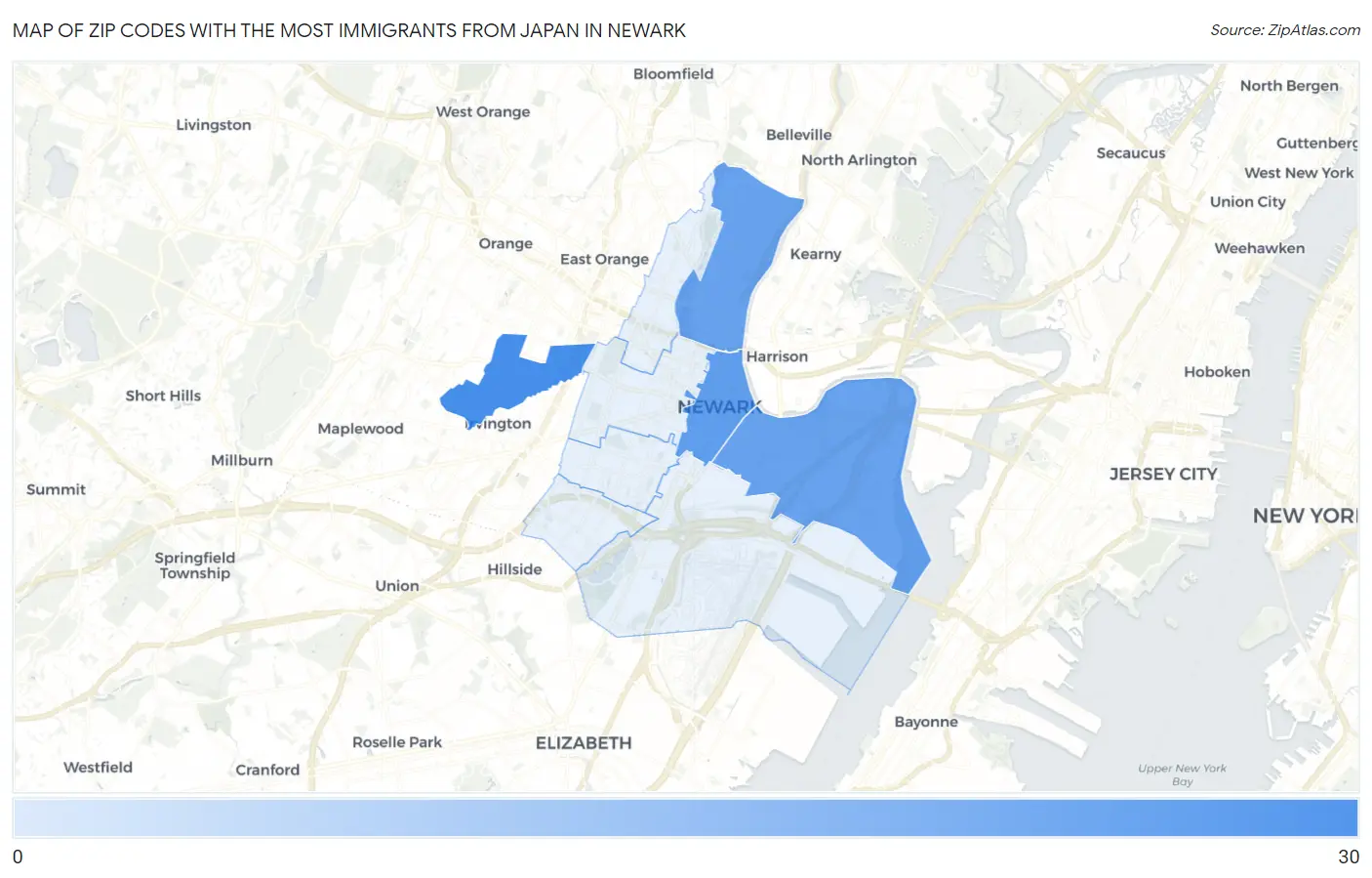 Zip Codes with the Most Immigrants from Japan in Newark Map