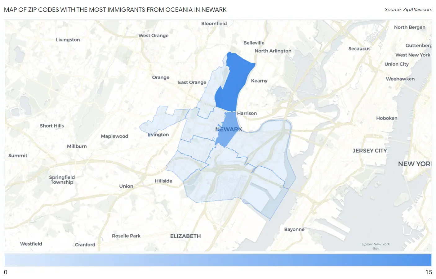 Zip Codes with the Most Immigrants from Oceania in Newark Map