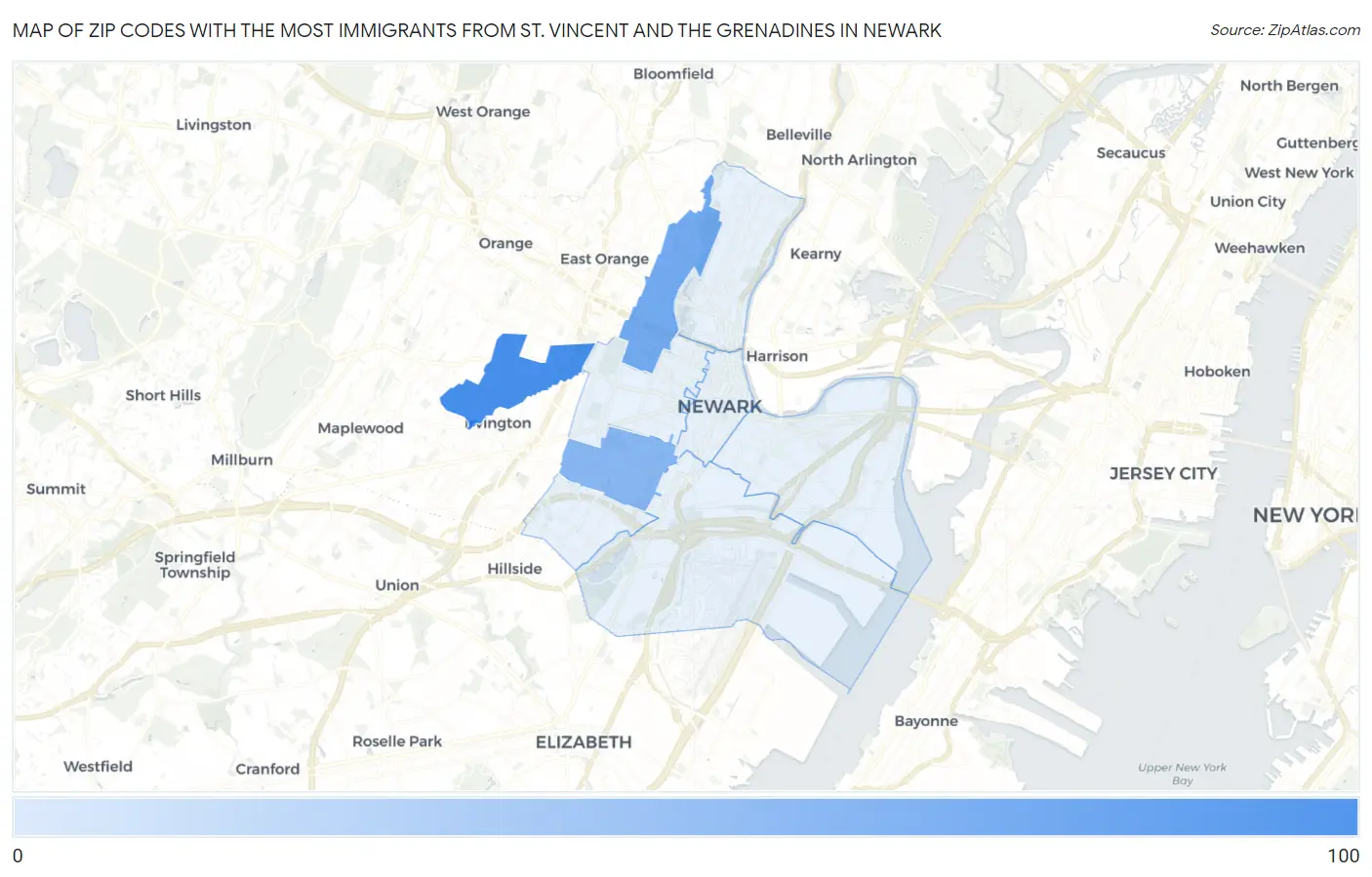 Zip Codes with the Most Immigrants from St. Vincent and the Grenadines in Newark Map