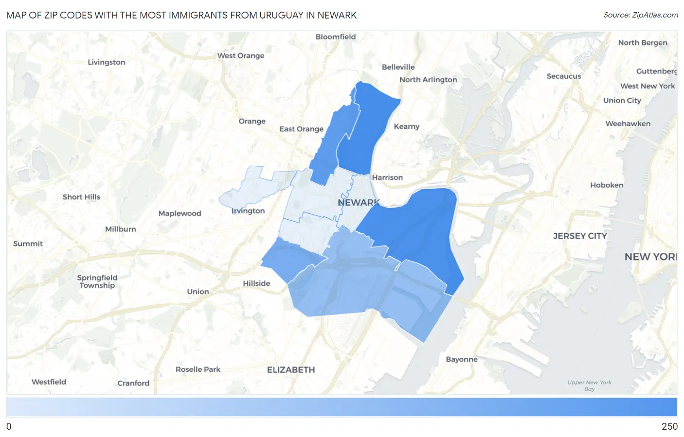 Zip Codes with the Most Immigrants from Uruguay in Newark Map
