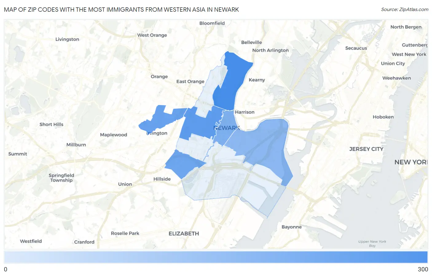 Zip Codes with the Most Immigrants from Western Asia in Newark Map