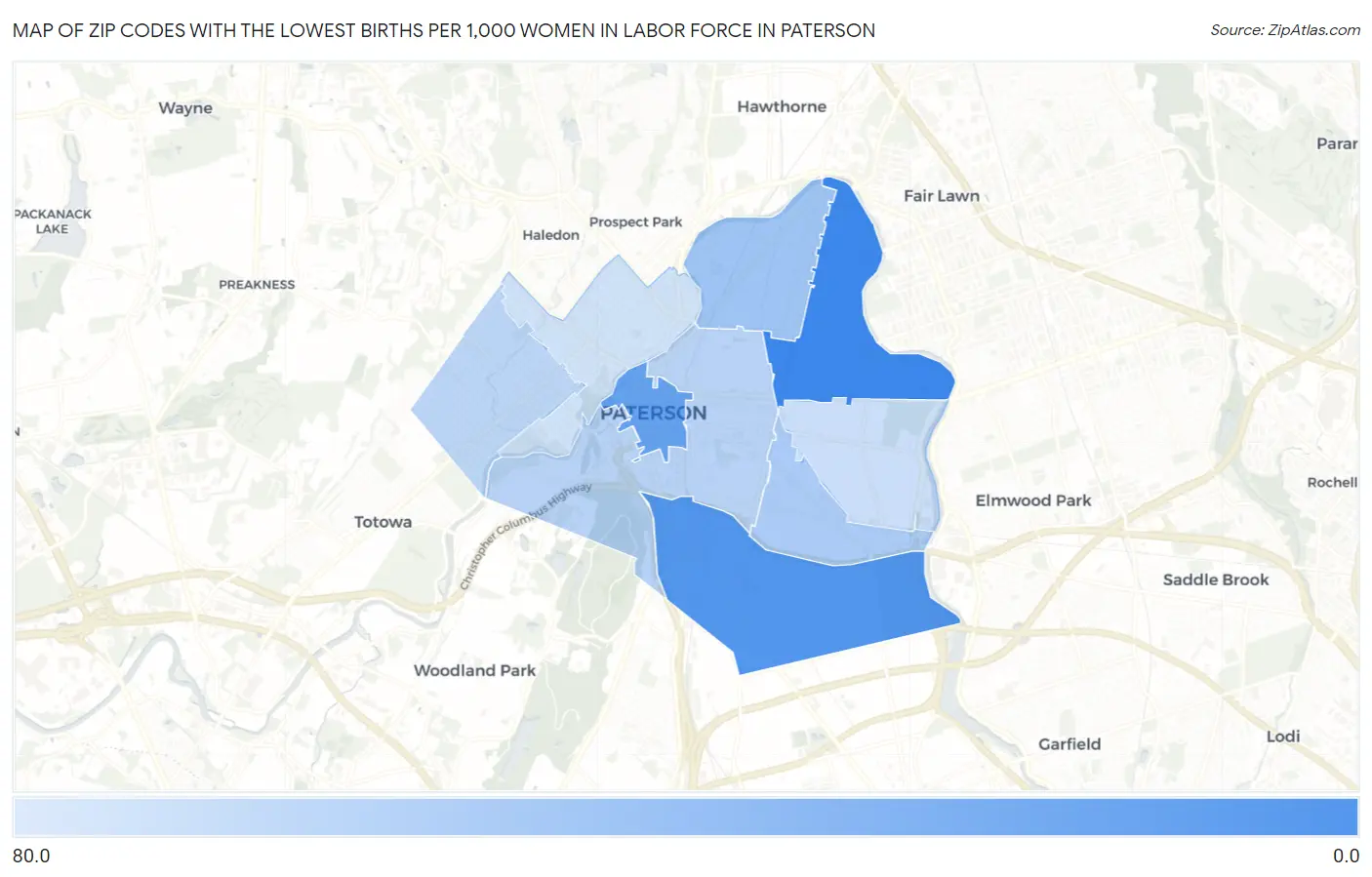 Zip Codes with the Lowest Births per 1,000 Women in Labor Force in Paterson Map