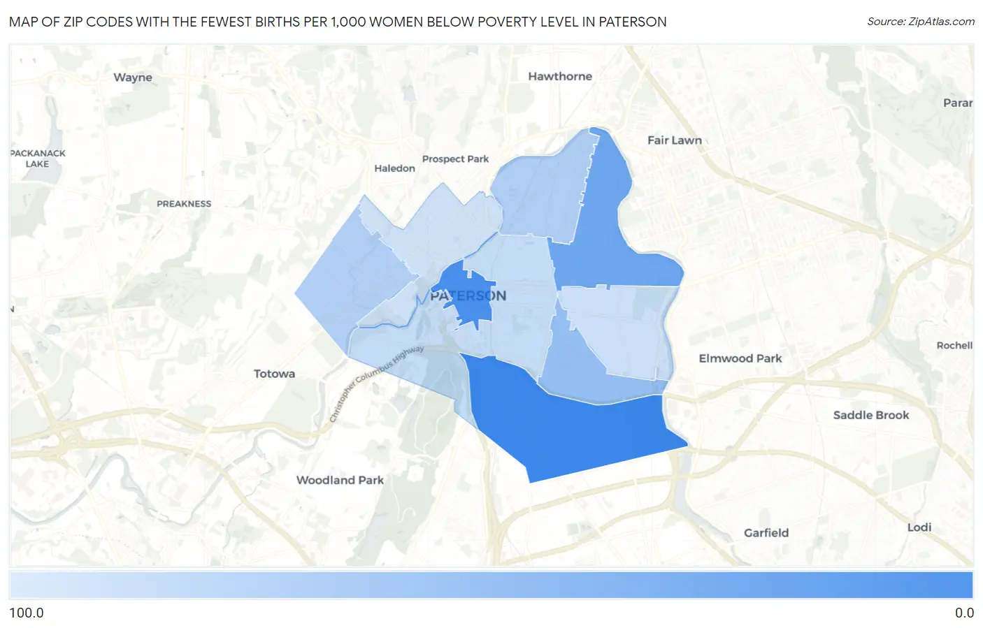 Zip Codes with the Fewest Births per 1,000 Women Below Poverty Level in Paterson Map
