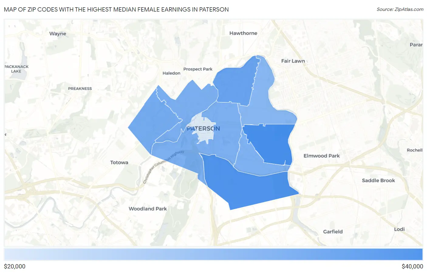 Zip Codes with the Highest Median Female Earnings in Paterson Map