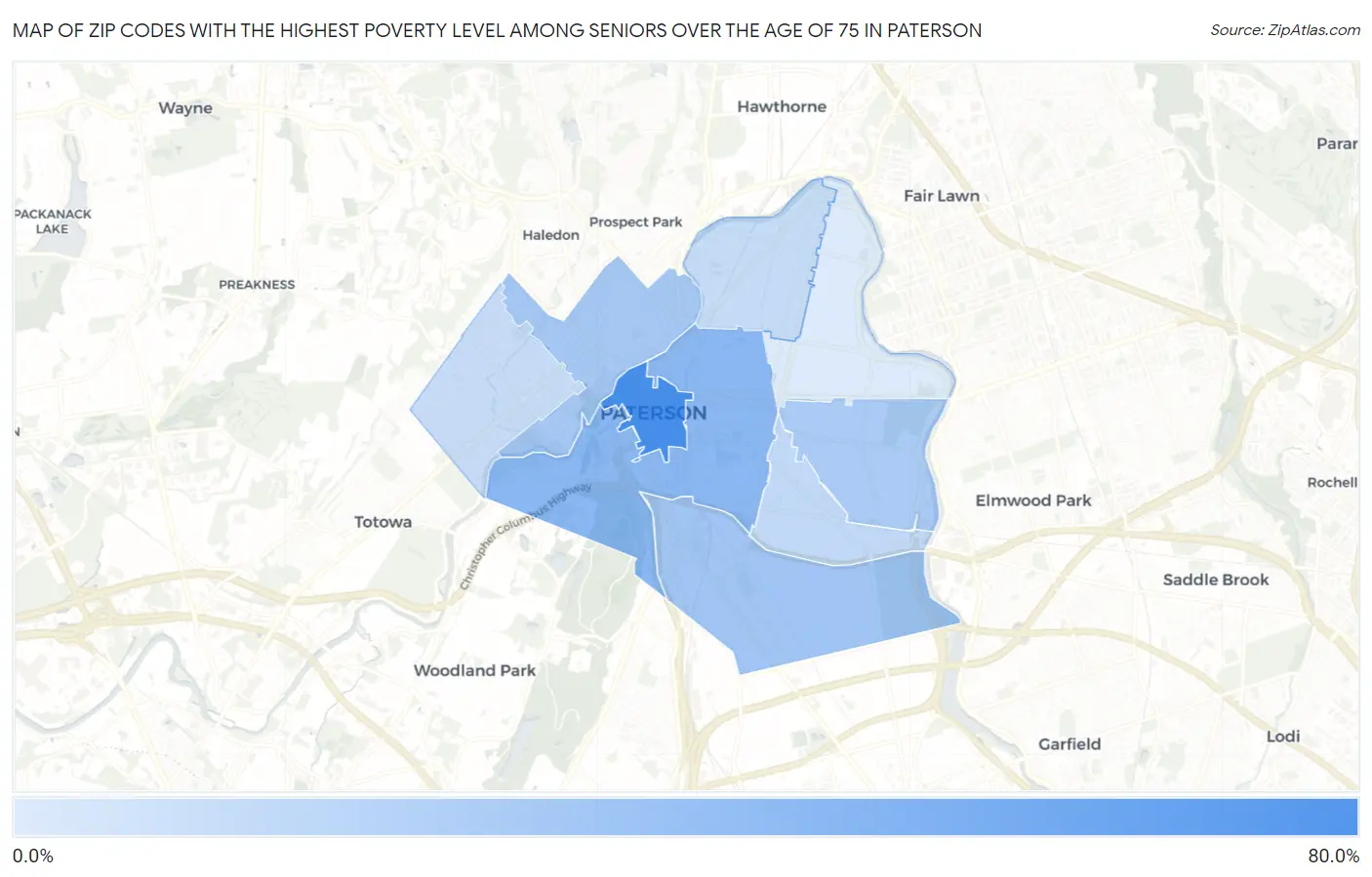 Zip Codes with the Highest Poverty Level Among Seniors Over the Age of 75 in Paterson Map