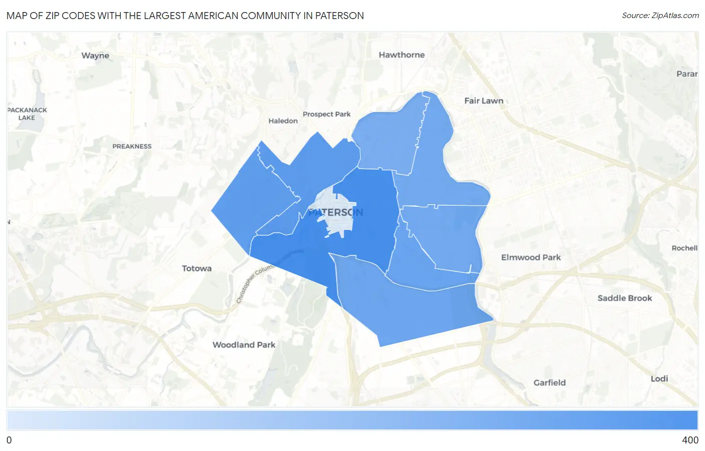 Zip Codes with the Largest American Community in Paterson Map