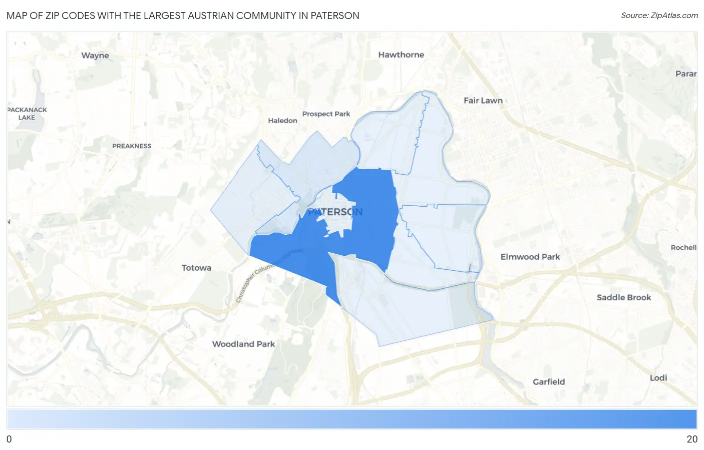 Zip Codes with the Largest Austrian Community in Paterson Map