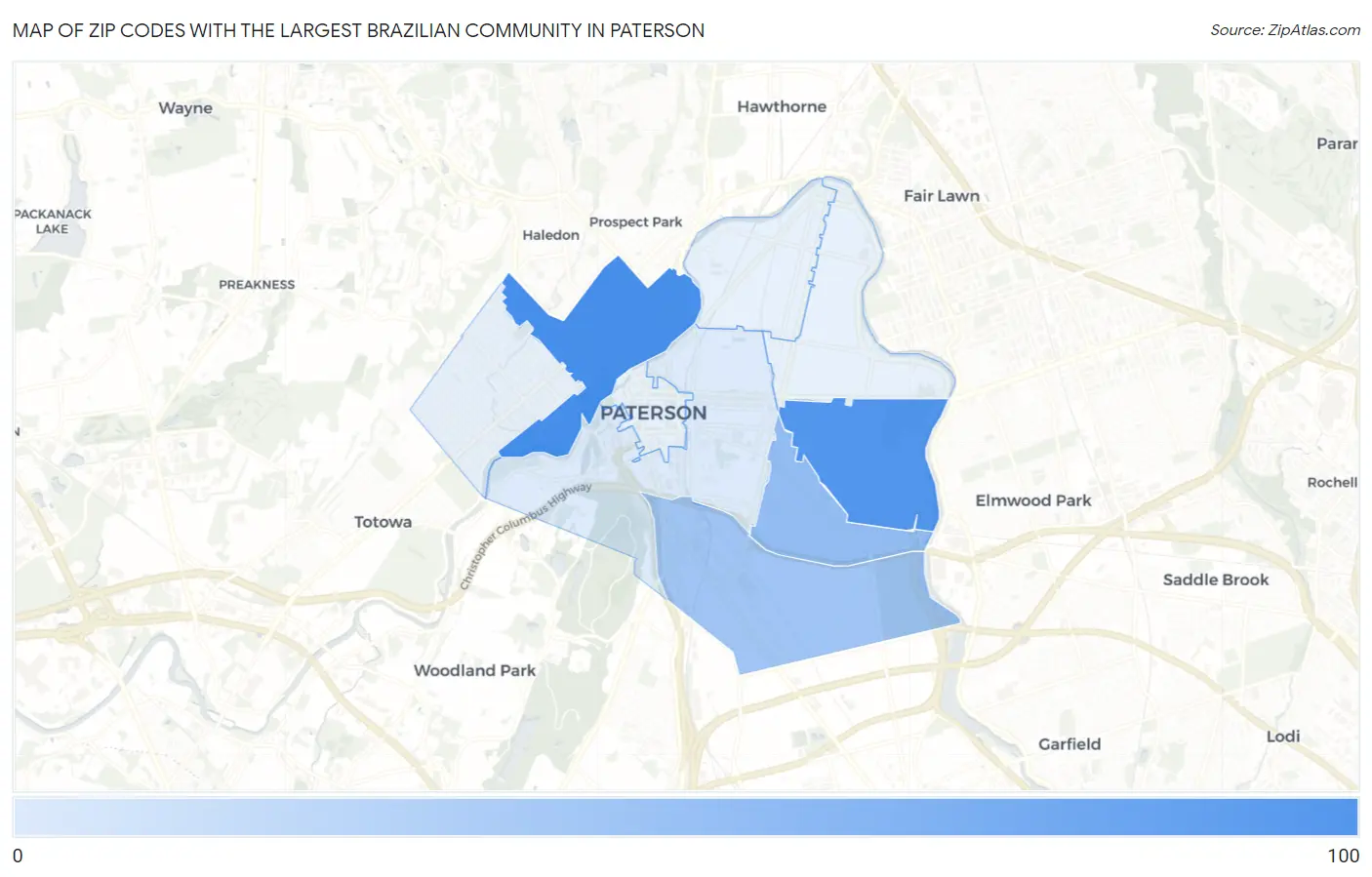 Zip Codes with the Largest Brazilian Community in Paterson Map