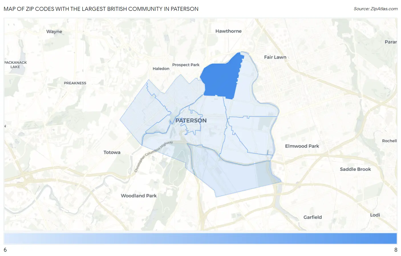 Zip Codes with the Largest British Community in Paterson Map