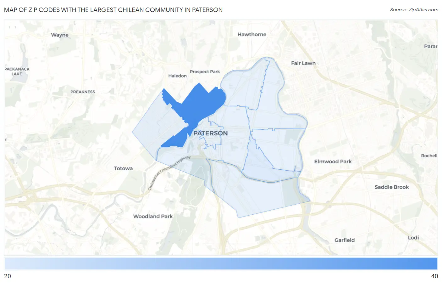 Zip Codes with the Largest Chilean Community in Paterson Map
