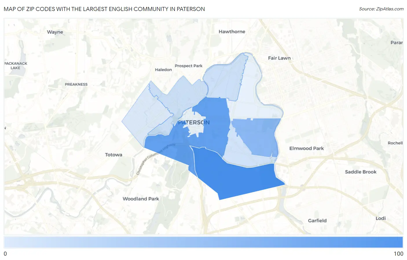Zip Codes with the Largest English Community in Paterson Map