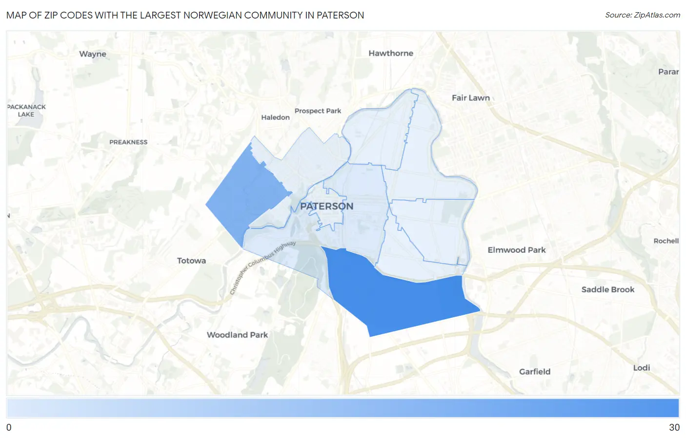 Zip Codes with the Largest Norwegian Community in Paterson Map