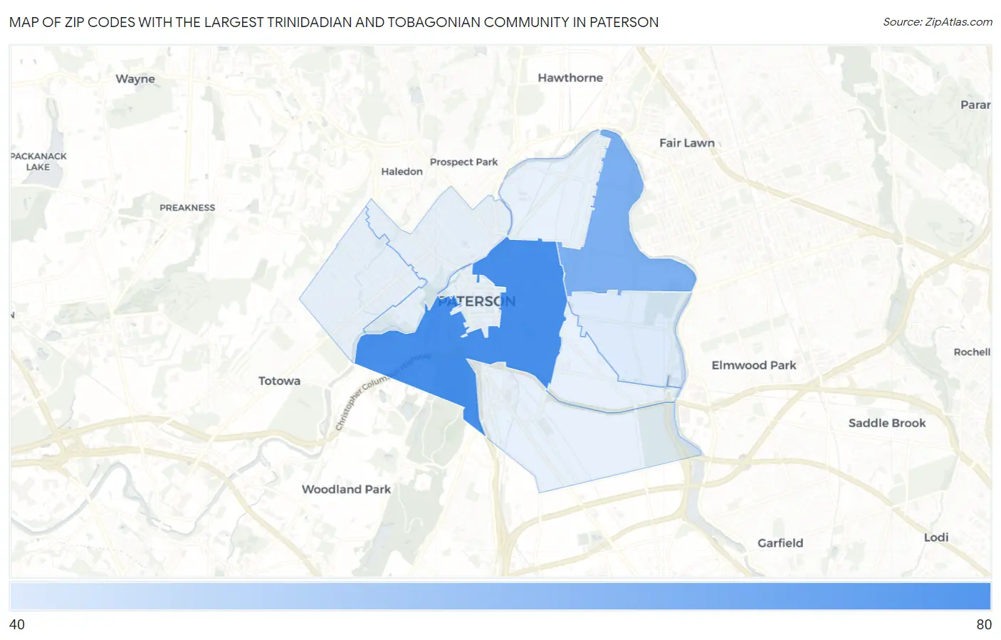 Zip Codes with the Largest Trinidadian and Tobagonian Community in Paterson Map