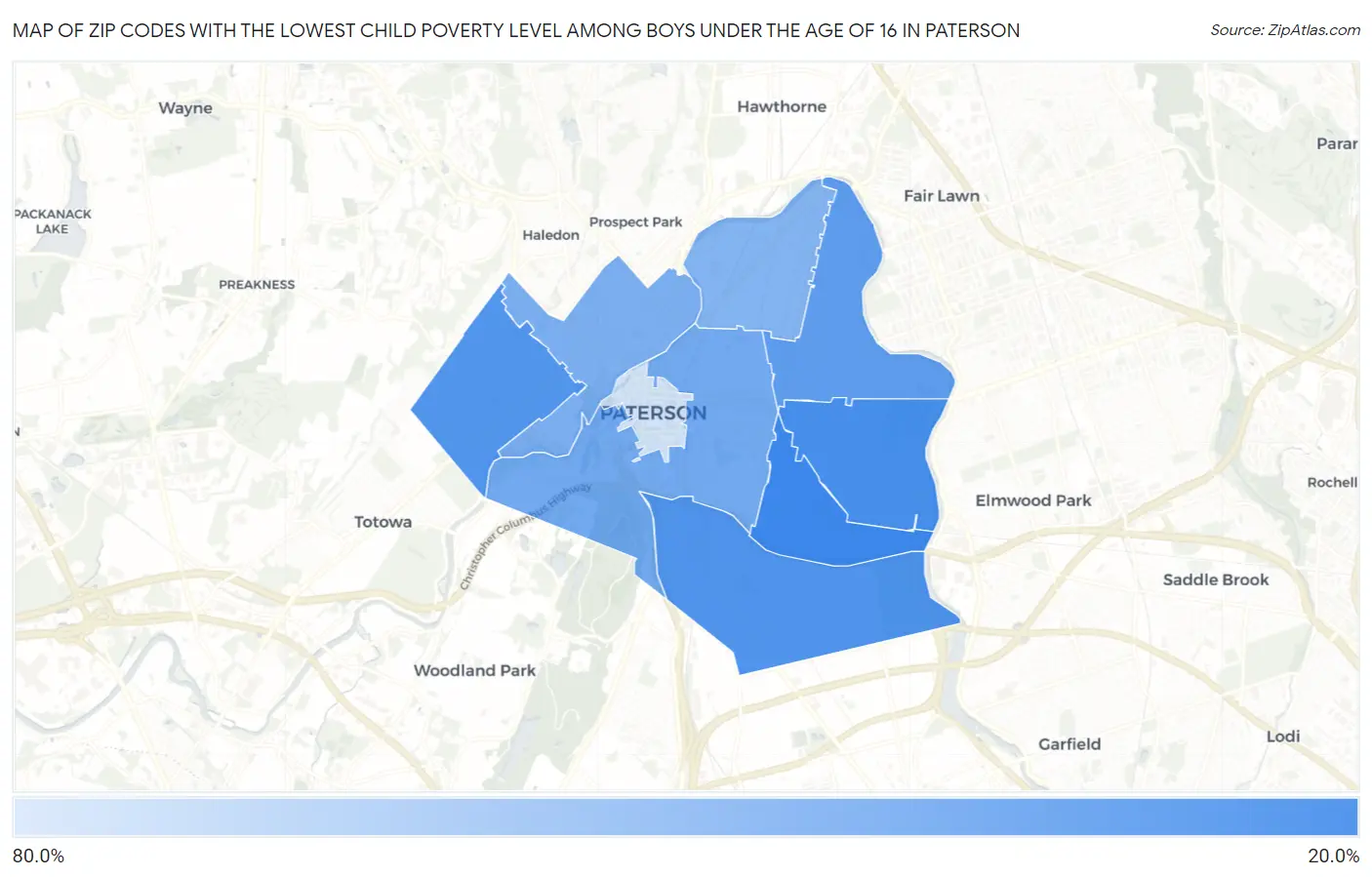 Zip Codes with the Lowest Child Poverty Level Among Boys Under the Age of 16 in Paterson Map