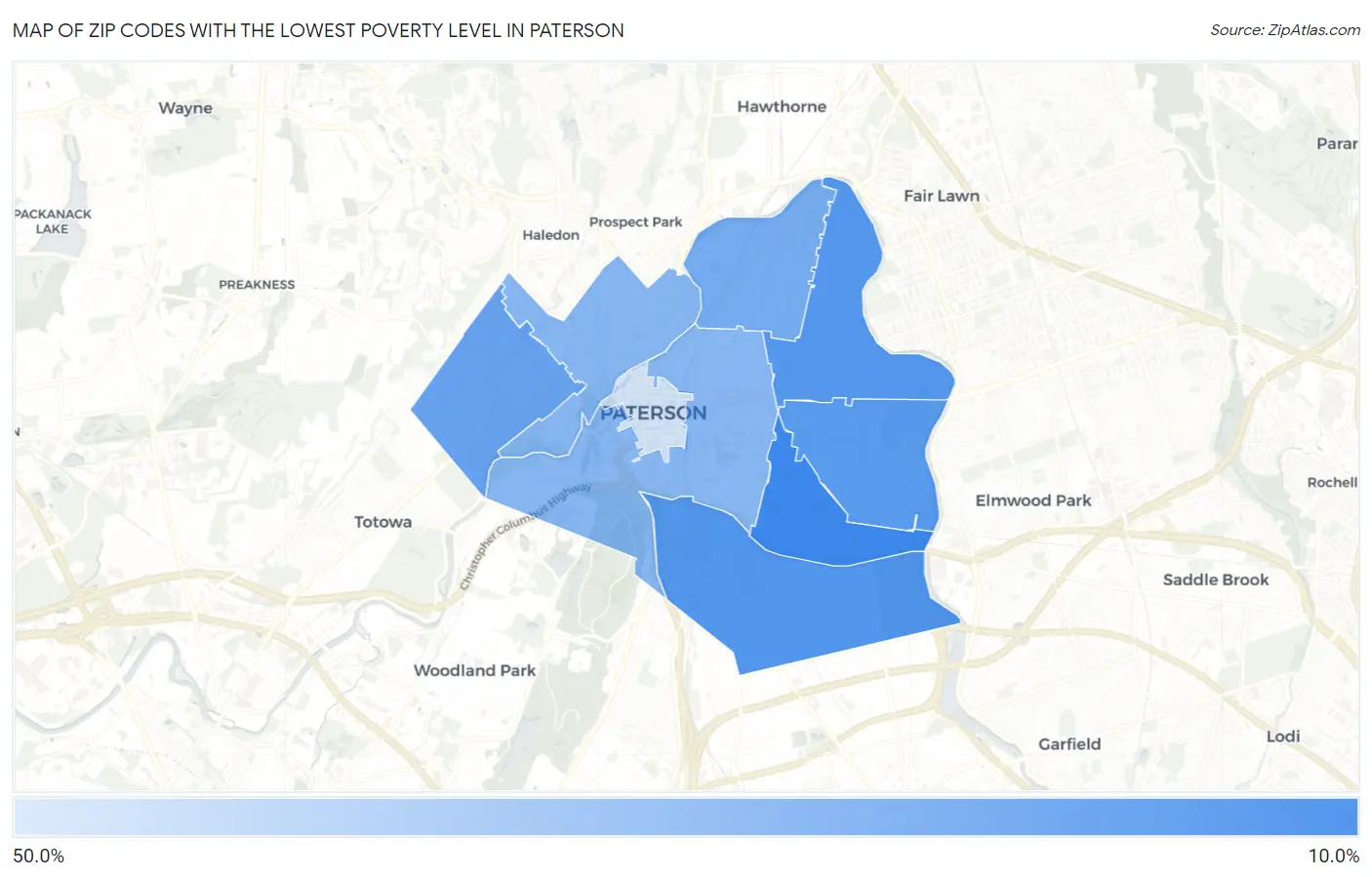 Zip Codes with the Lowest Poverty Level in Paterson Map