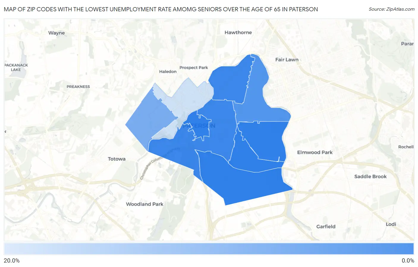 Zip Codes with the Lowest Unemployment Rate Amomg Seniors Over the Age of 65 in Paterson Map