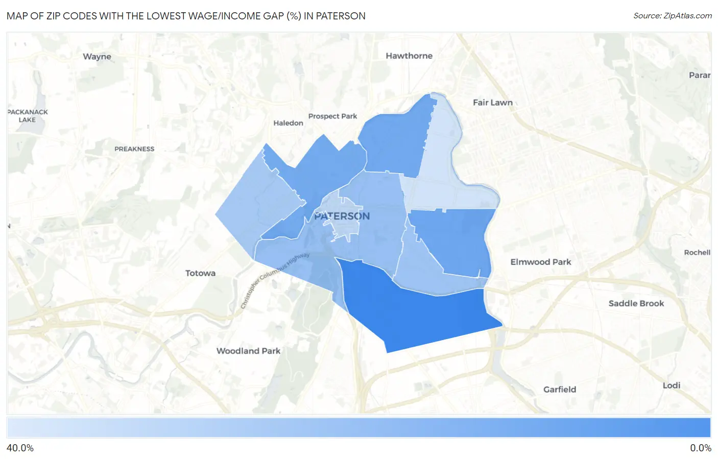 Zip Codes with the Lowest Wage/Income Gap (%) in Paterson Map