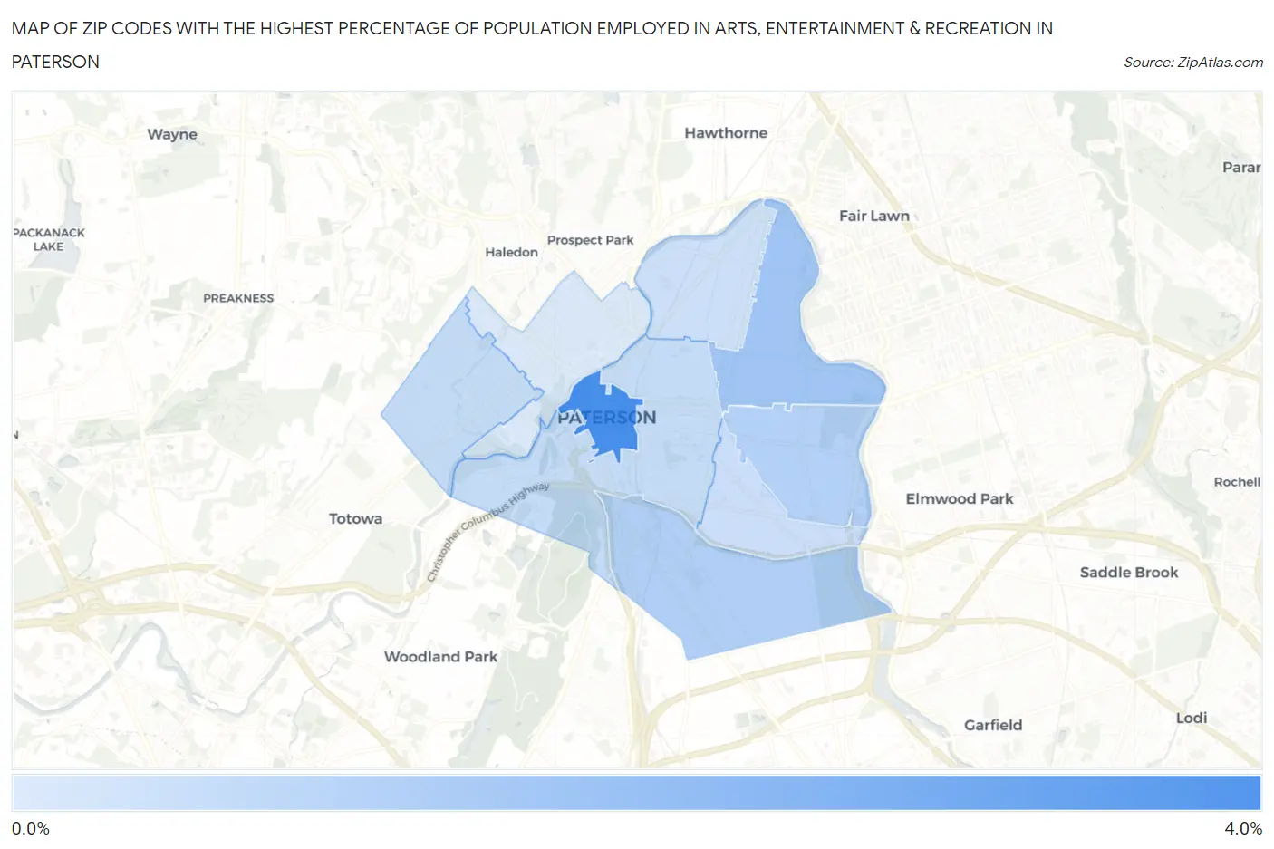Zip Codes with the Highest Percentage of Population Employed in Arts, Entertainment & Recreation in Paterson Map