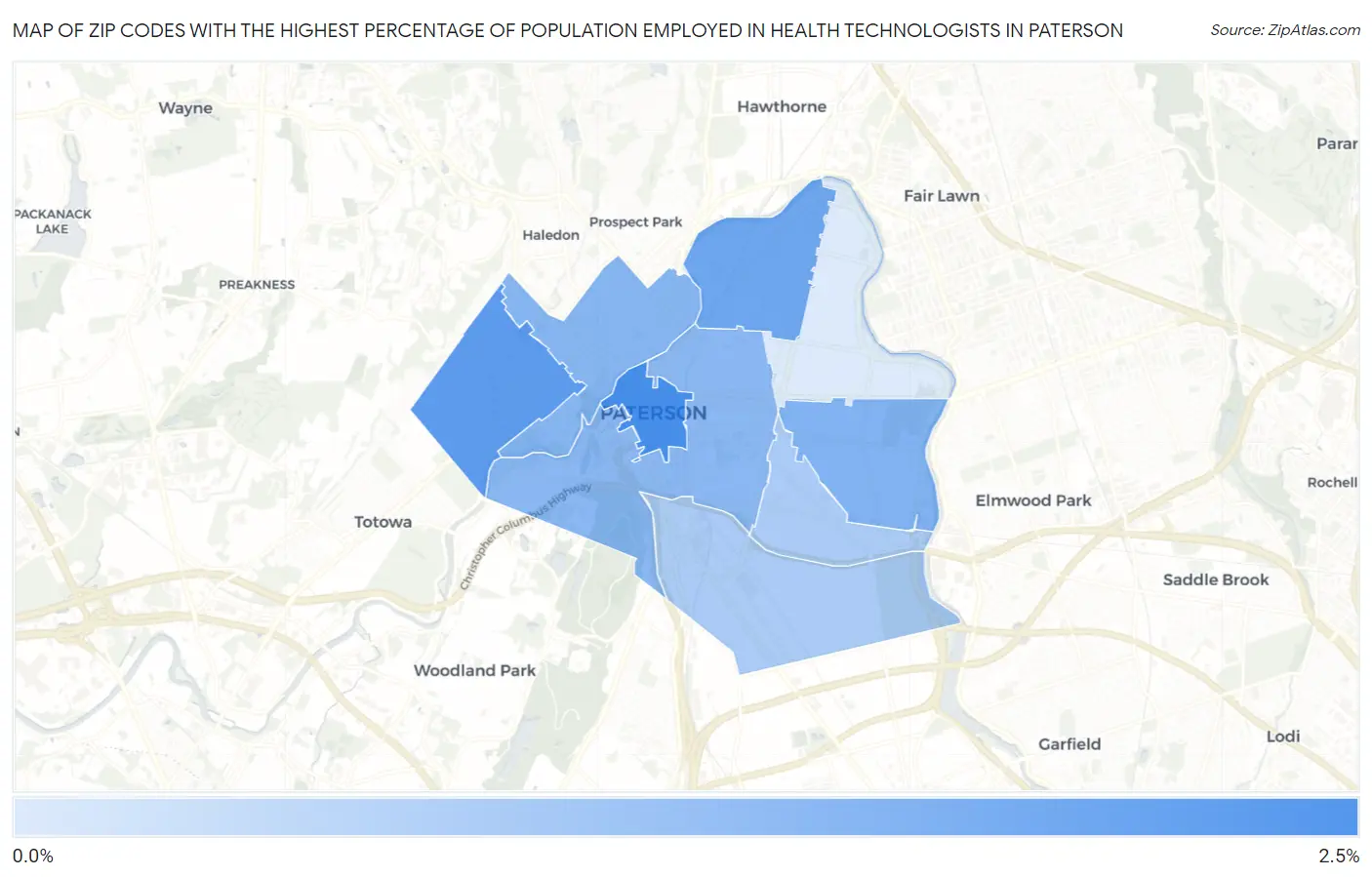 Zip Codes with the Highest Percentage of Population Employed in Health Technologists in Paterson Map