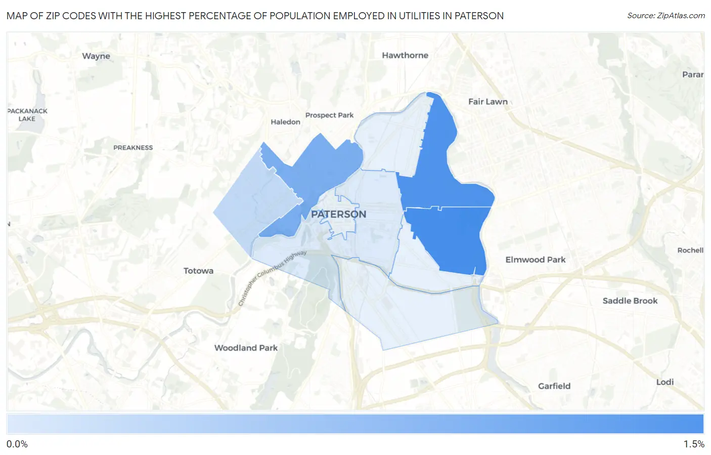 Zip Codes with the Highest Percentage of Population Employed in Utilities in Paterson Map