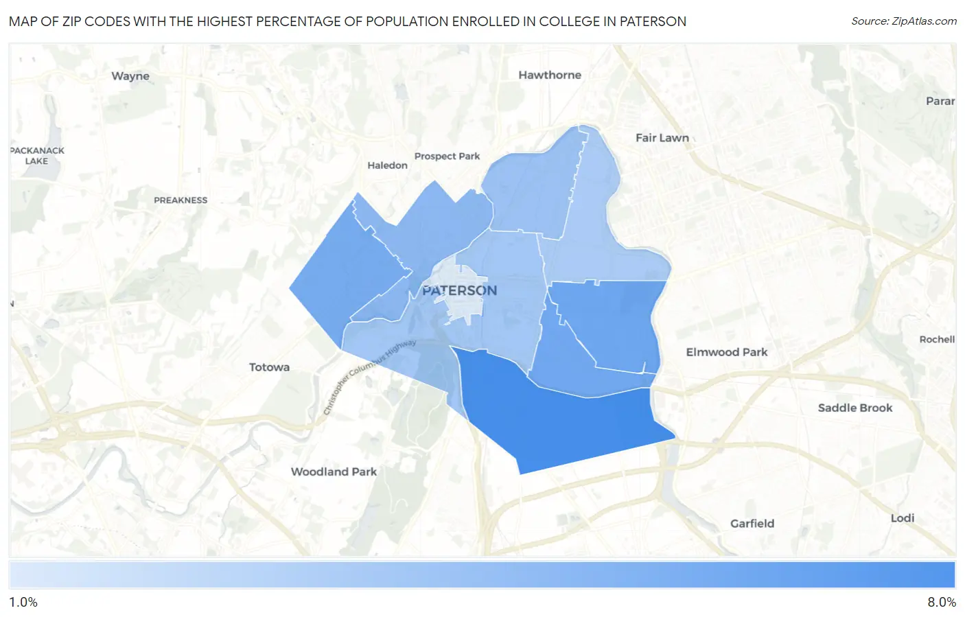 Zip Codes with the Highest Percentage of Population Enrolled in College in Paterson Map