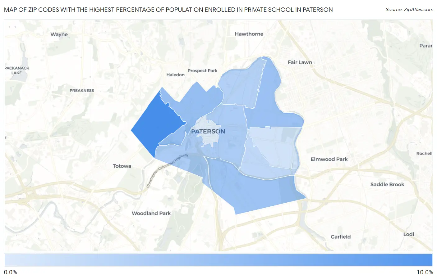 Zip Codes with the Highest Percentage of Population Enrolled in Private School in Paterson Map