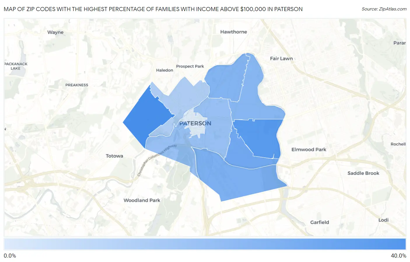 Zip Codes with the Highest Percentage of Families with Income Above $100,000 in Paterson Map
