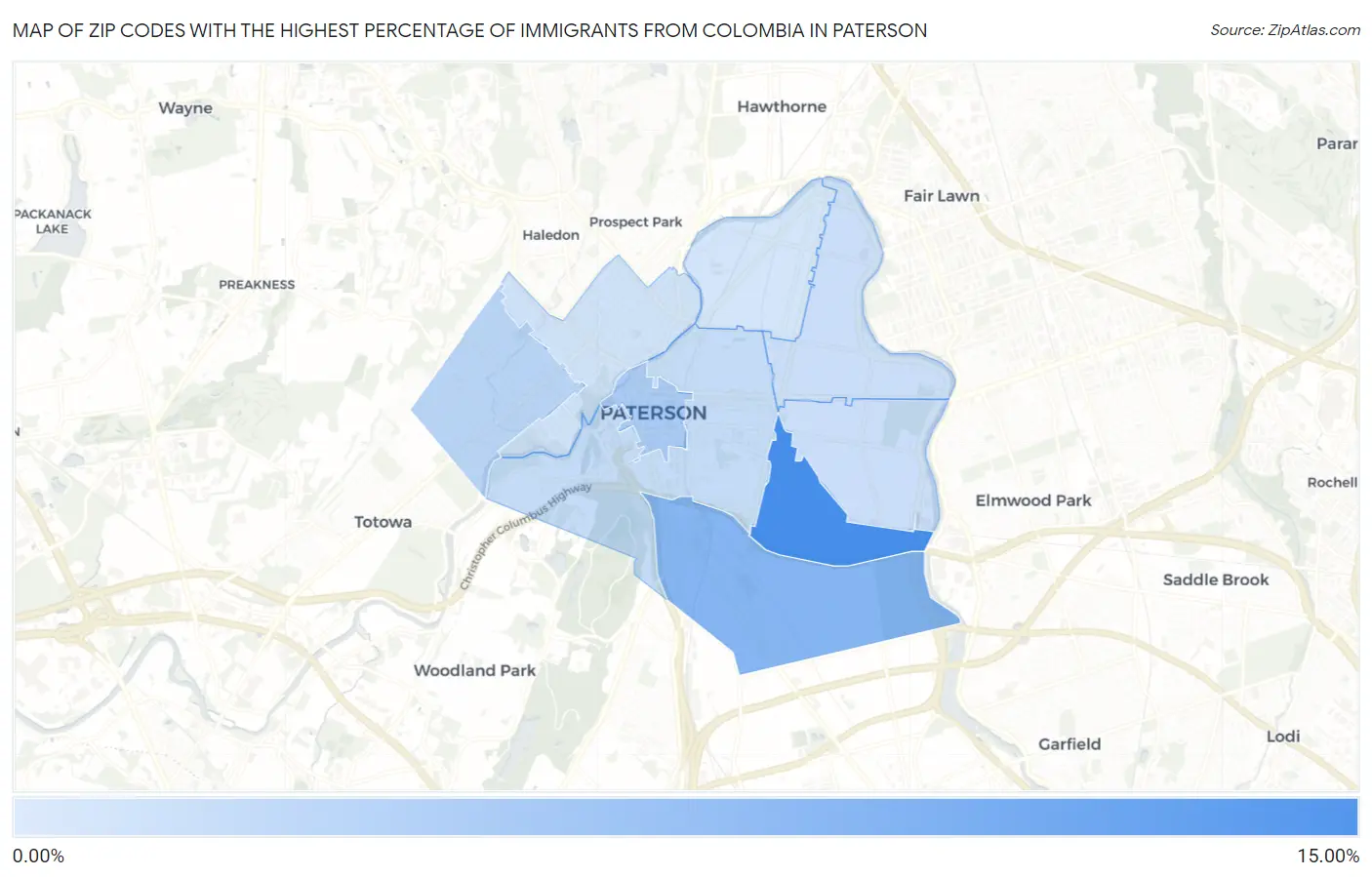 Zip Codes with the Highest Percentage of Immigrants from Colombia in Paterson Map