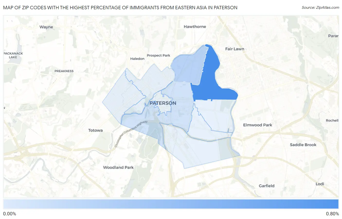 Zip Codes with the Highest Percentage of Immigrants from Eastern Asia in Paterson Map