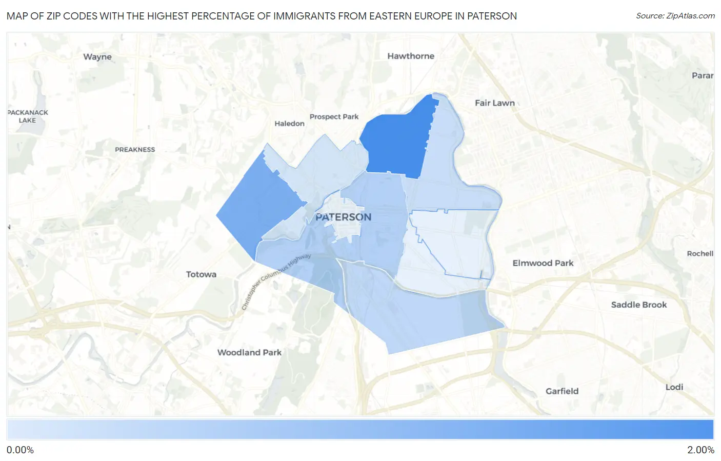 Zip Codes with the Highest Percentage of Immigrants from Eastern Europe in Paterson Map