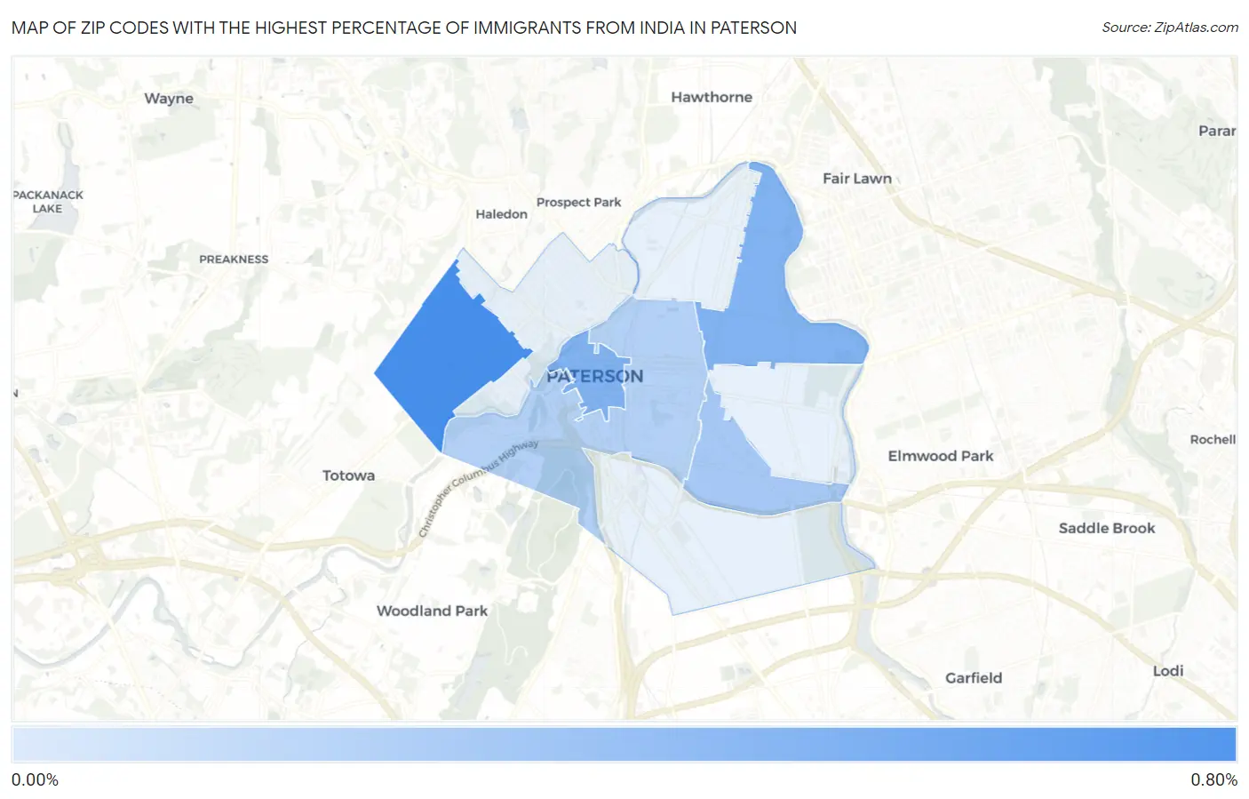 Zip Codes with the Highest Percentage of Immigrants from India in Paterson Map