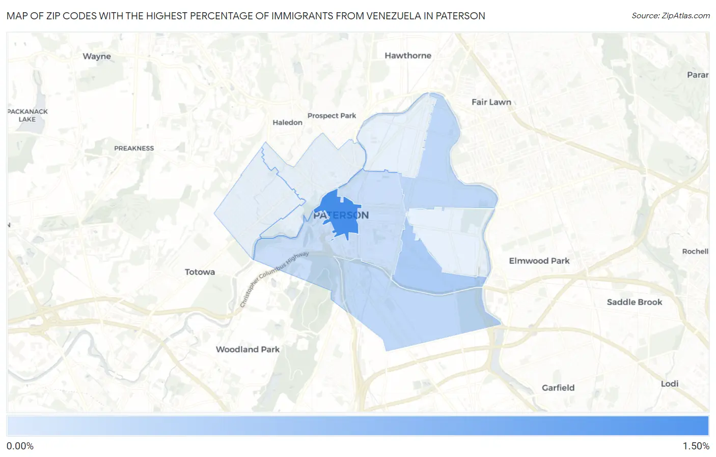 Zip Codes with the Highest Percentage of Immigrants from Venezuela in Paterson Map