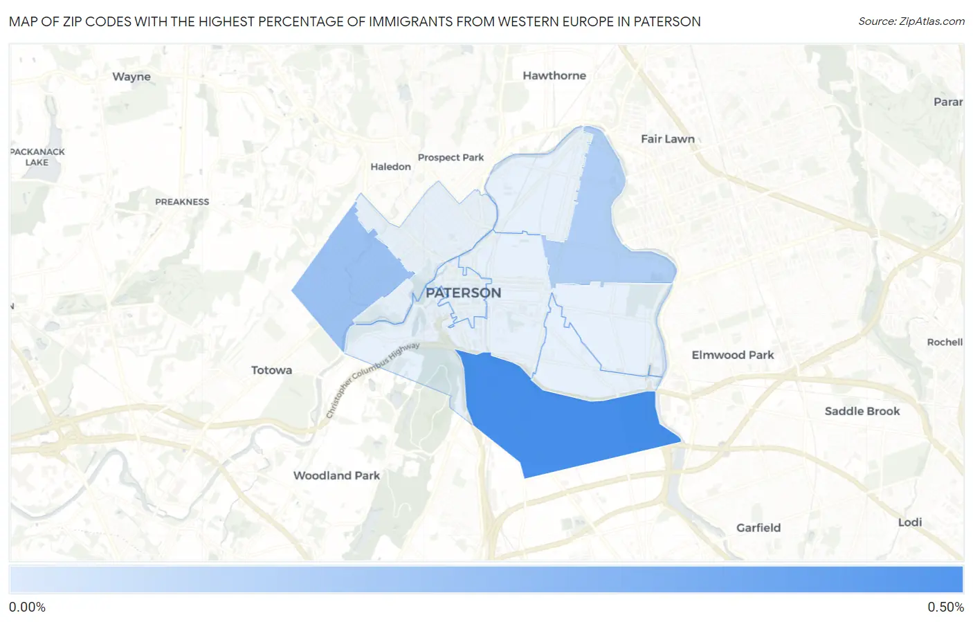 Zip Codes with the Highest Percentage of Immigrants from Western Europe in Paterson Map