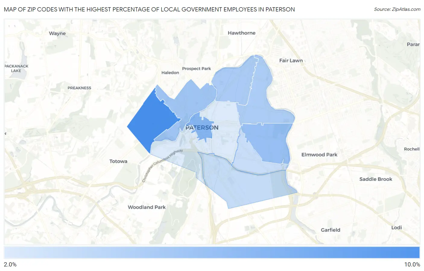 Zip Codes with the Highest Percentage of Local Government Employees in Paterson Map