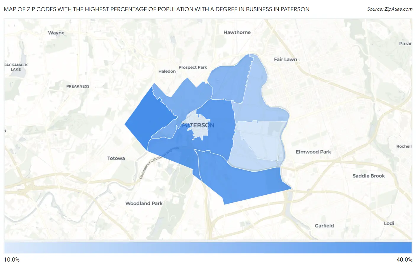 Zip Codes with the Highest Percentage of Population with a Degree in Business in Paterson Map
