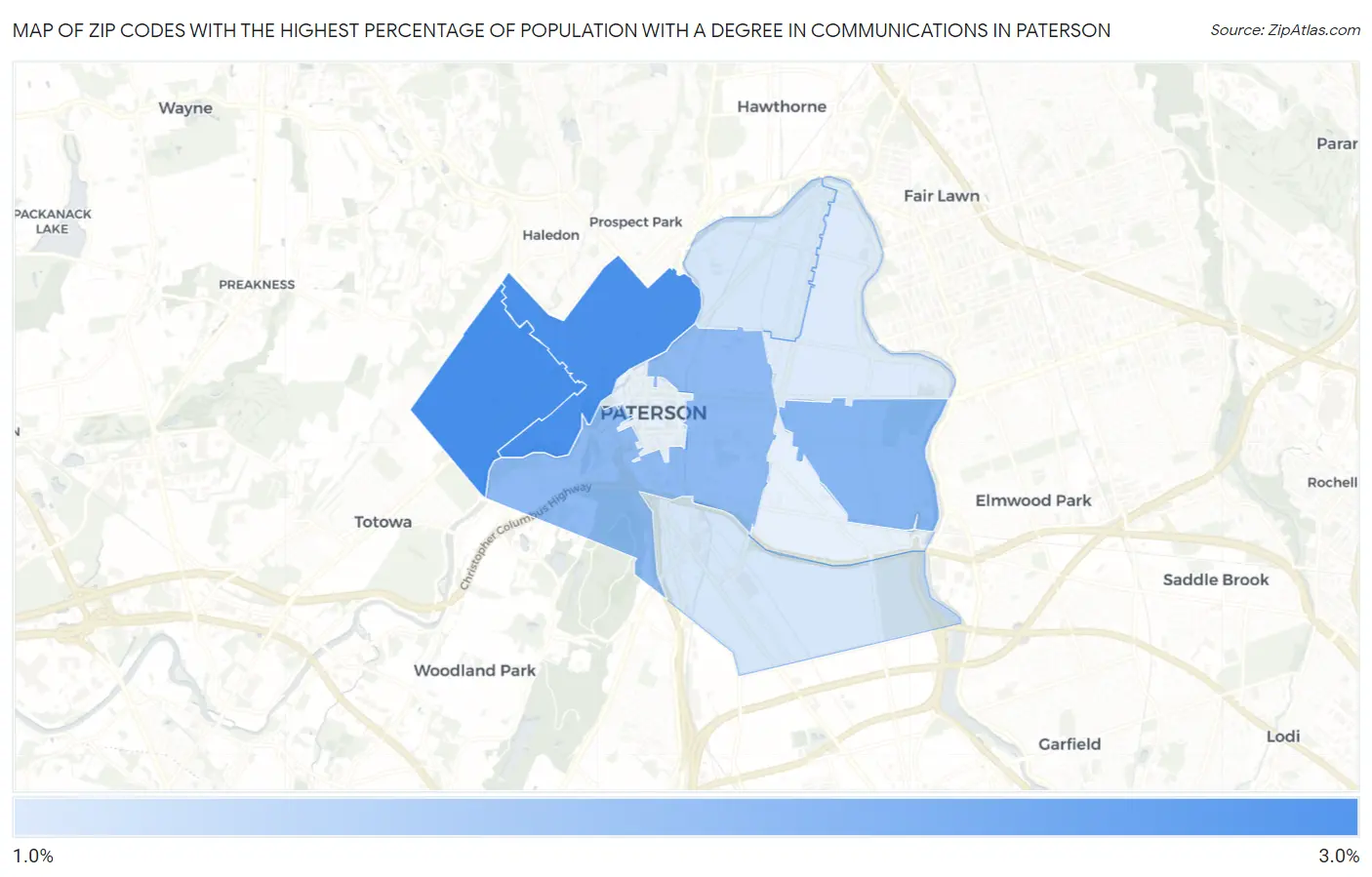Zip Codes with the Highest Percentage of Population with a Degree in Communications in Paterson Map