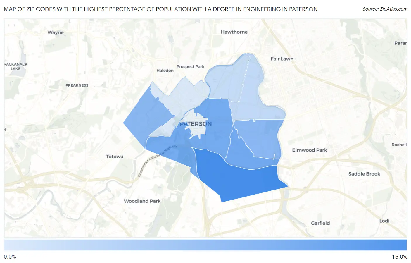 Zip Codes with the Highest Percentage of Population with a Degree in Engineering in Paterson Map