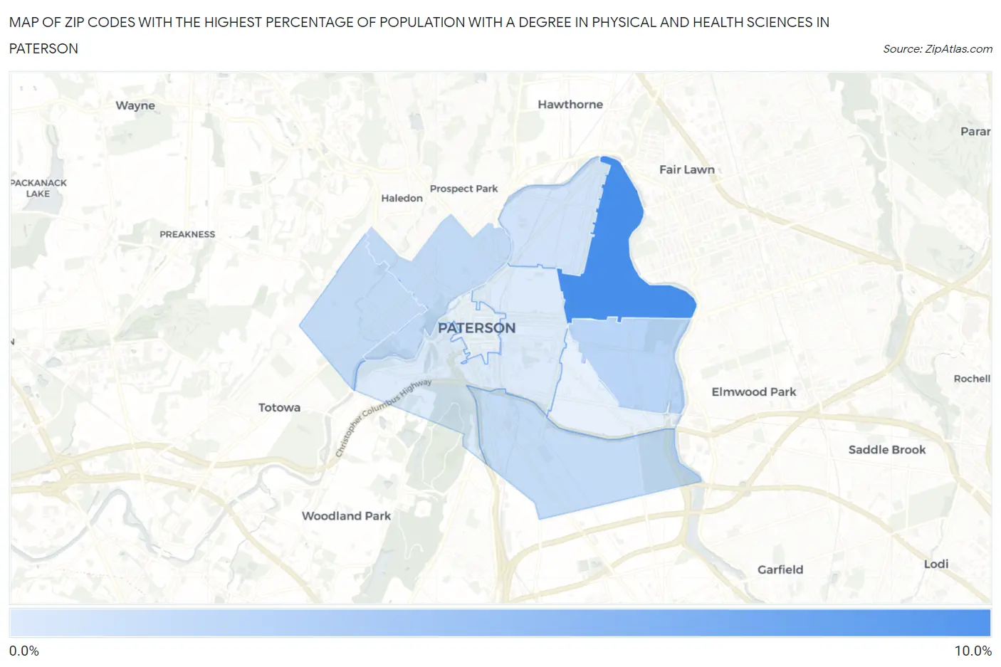 Zip Codes with the Highest Percentage of Population with a Degree in Physical and Health Sciences in Paterson Map