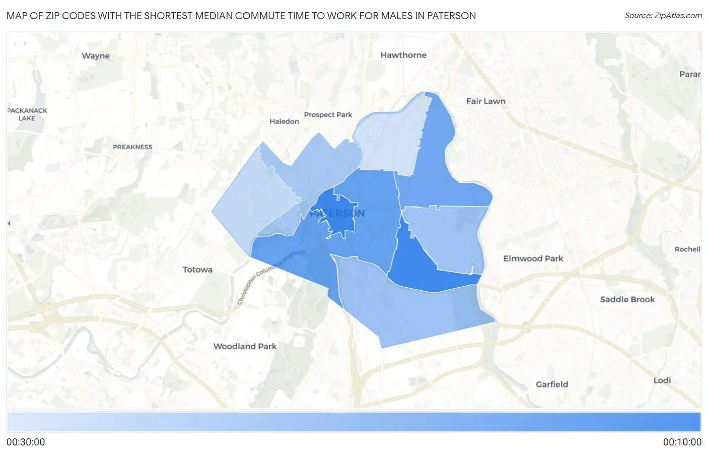 Zip Codes with the Shortest Median Commute Time to Work for Males in Paterson Map